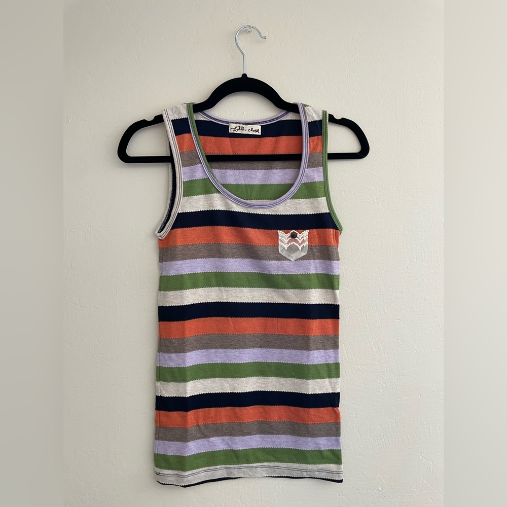 Bold Stripe Cotton Tank Top with Lace Pocket Trim NWOT